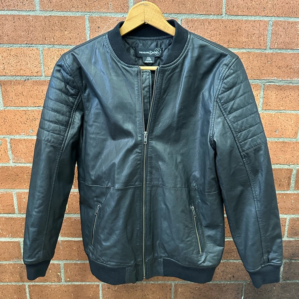 Treasure&Bond Men's Black Leather Bomber Jacket